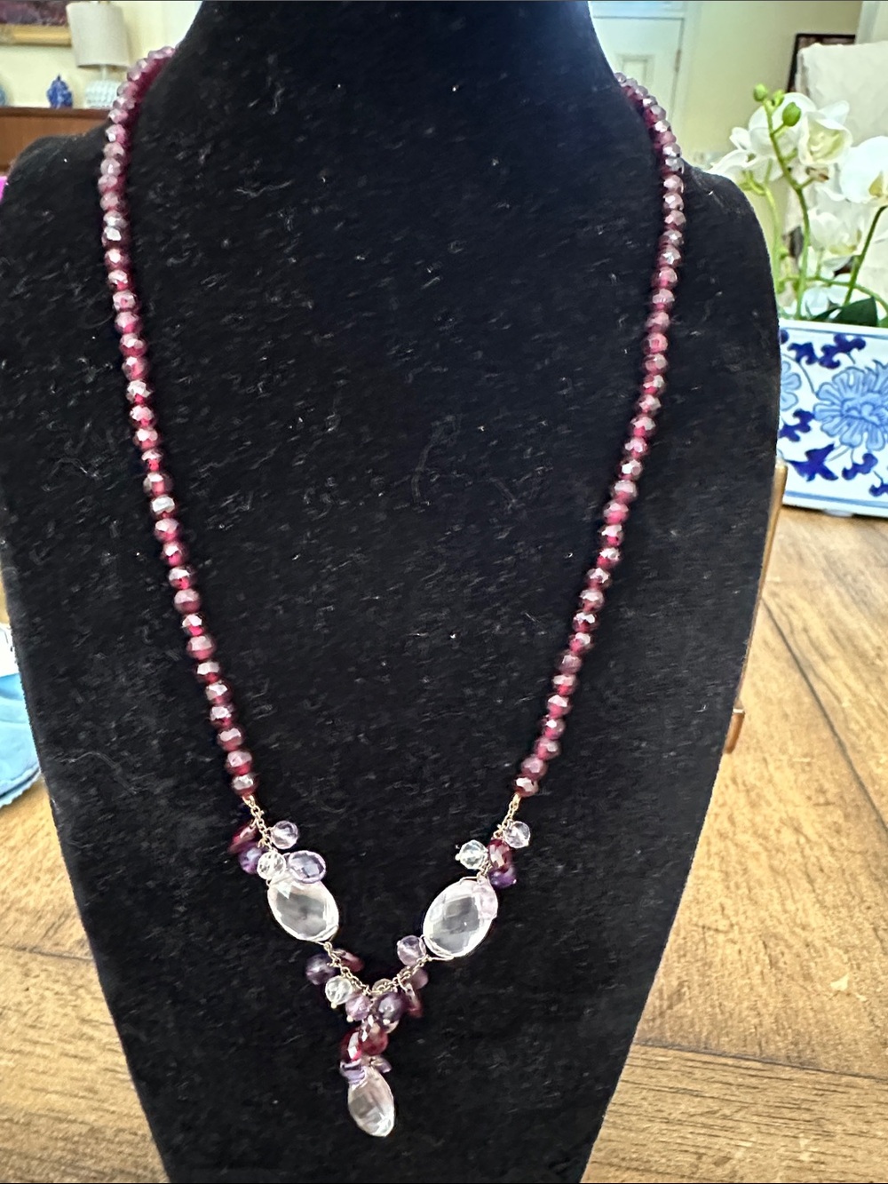 Amethyst-Tone Beaded Y-Necklace with Clear Crystal Drops